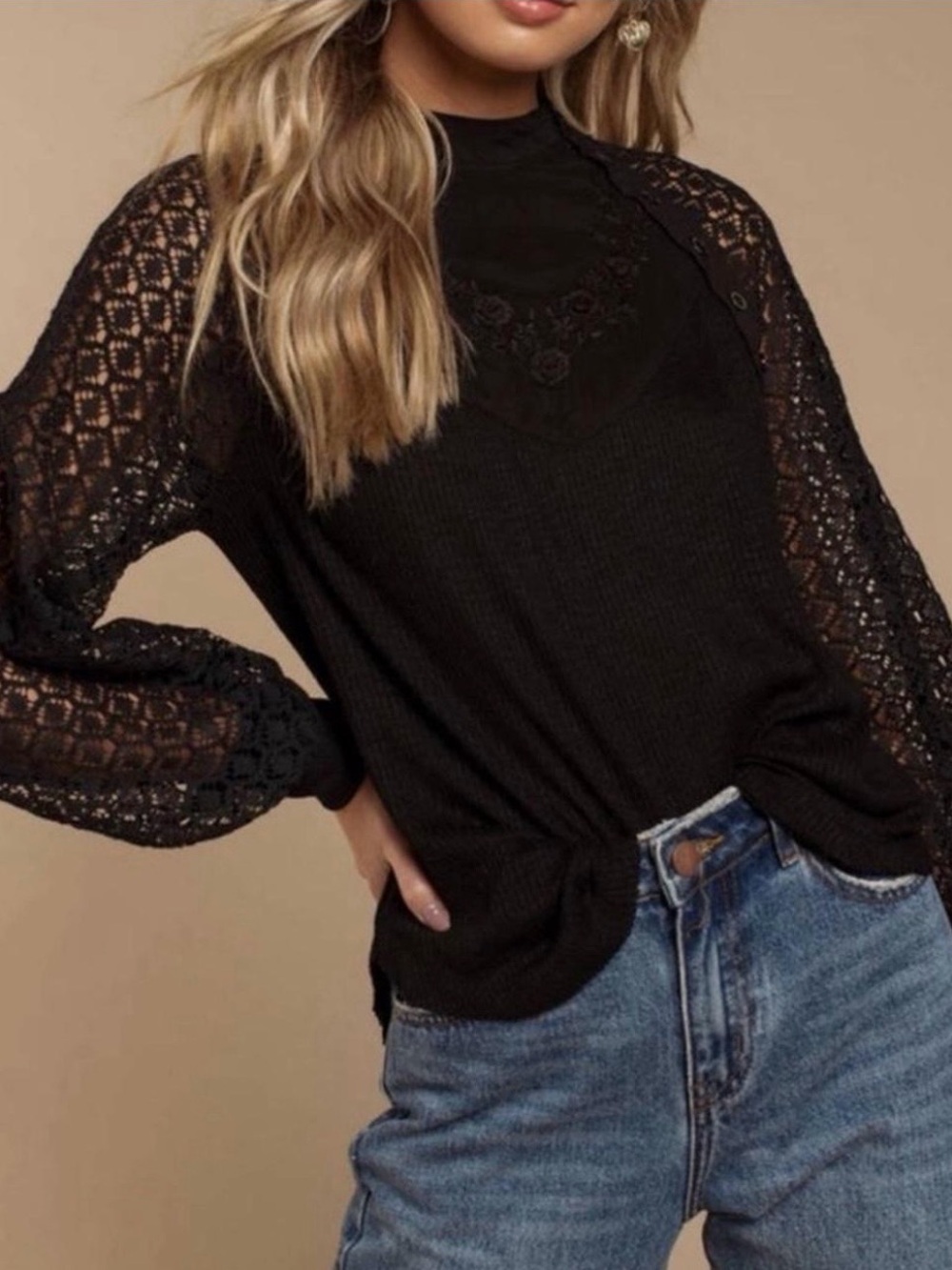Free People Sweetest Thing Thermal Top with Crochet Long Sleeves - Black